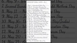 Important Days and Dates to remember - May