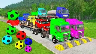 Flatbed Trailer McQueen Transportation with Truck - Speedbumps vs Cars vs Train - BeamNG.Drive #13