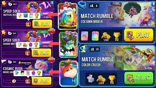 (3 Solo+2 Match Rumble)  Square Matches+Super Sized/ Vertical Rush+Bombs Away/ Moves Multiplier 