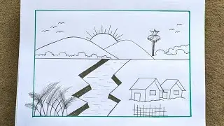 How to draw a easy nature scenery || Gramer prakritik drishyo drawing || Scenery drawing with Pencil