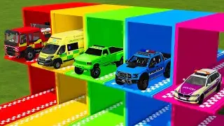 TRANSPORTING FORD, BMW, CHEVROLET POLICE CARS, FIRE TRUCK & AMBULANCE VEHICLE WITH MAN TRUCKS ! FS22