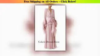 2025 Customized Deep V-Neck Flare Sleeves Feather Pink Chiffon Prom Dresses Evening Dress Women