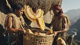 Collecting honey from a steep rock cliff with traditional tools. #honey  #honeyharvest #honeybee