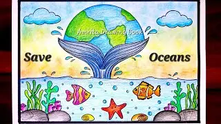 World Ocean Day Poster Drawing | Save Ocean Drawing | Ocean Day Drawing | Underwater Scenery drawing