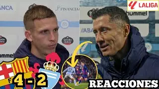 Lewandowski and Dani Olmo react after Bar&ccedil;a's 4-2 victory against Celta