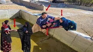 Saber and Narges cleaning the pool and getting angry at Sholha and Mesukofeh.