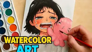 Shizuka kaga Watercolor Art | Emotional Crying Girl & Cute Octopus Illustration