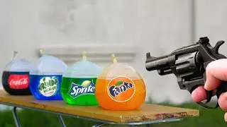 EXPERIMENT: GUN vs Coca Cola, Fanta, Sprite, Mirinda in Balloons