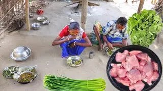 Methi chicken curry and piyaj koli vaja cooking  & eating by santali tribe old grandmaa