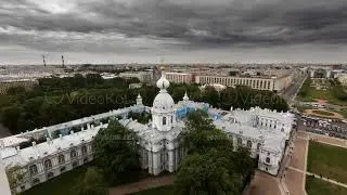 Timelapse dramatic sky, view of the city of St. Petersburg from the Smolny Cathedral