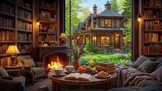 Peaceful Spring Coffee Shop 🌸 Soft Jazz Piano & Fireplace Sounds for Study & Focus