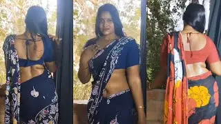 Navy Blue Cotton Saree Draping Style Posing in Navy Blue Cotton Blouse Low Waist Saree Fashion Show