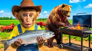 Monkey Catches Fish and Grills It with Rescue Bear 🐒🐻 | From Rescue to a Delicious BBQ Feast 🍽️🔥