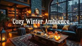 Cozy Winter Coffee Shop Ambience 🔥 Relaxing Jazz Piano, Crackling Fireplace & Snowfall
