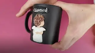 Mug polymer clay doll angel decoration. Cup with the inscription sublimation. Magic cup DIY.