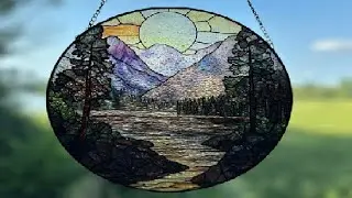 AMDERVEN Stained Glass Window Hanging, Sunset Mountains Lake Tree Sun Catcher for Window Home Decor