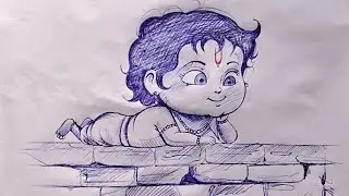 Bal krishna ballpoint pen drawing easy ll how to draw sri krishna ballpen sketch easy 