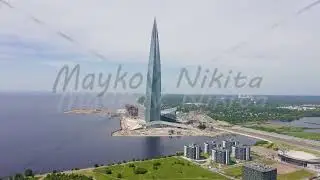 Saint-Petersburg, Russia. Lakhta Center. Gazprom headquarters, Aerial View Hyperlapse