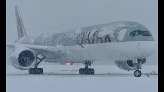 Qatar A350-1000 Snowstorm Departure/Towing in Quebec City (YQB)