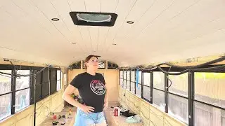SKOOLIE Shiplap Ceilings are in! | School Bus Conversion
