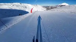 Skiing on corduroy in Portes du Saleil on Feb 28 2025