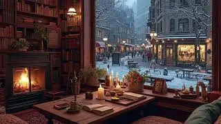 Winter Cafe Covered in Snow ☕ Soft Jazz Music & Crackling Fireplace