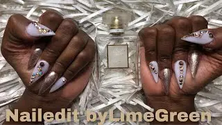 White Acrylic Nails with Gold Swarovski Crystals | Lookbook | Pariss Desarae
