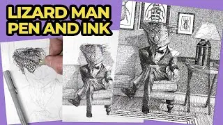 Pen and Ink Drawing - Composite Drawing of a Lizard Man