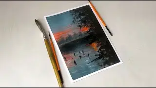 Painting challenge: autumn sunset in the lake | painting tutorial for beginners