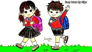 How to draw boy and girl going to school || School boy and girl drawing easy
