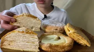 【咀嚼音】カスタードクリームドーナツ、チーズケーキ風、2個入りミルクレープ、ふわもちたい焼きを食べた/크레이프 케이크와 커스터드 도넛을 먹는다./Eat cake【ASMR】【食べる】