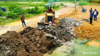 First Starting New Filling Land Project Use Dozer Push Stone Trash Comment Stone Into Water & Trucks