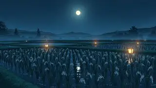 Chill Lofi Nightscape Glowing Softly Across Rice Paddies Wrapped In Cool Drifting Starlight