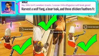 HARVEST A WOLF FANG, A BOAR TUSK, AND THREE CHICKEN FEATHURES FOR RAZ FORTNITE CHAPTER 2 CHALLENGES