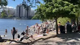Stockholm bikes: Tanto beach and Hornstull market. Sunny S&ouml;dermalm in central Stockholm