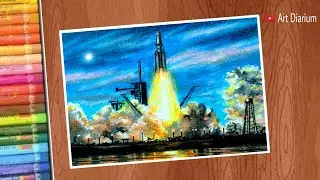 Oil Pastel Drawing for beginners / Rocket Launch Scenery - Step by step