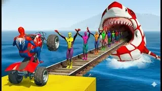 SPIDER MAN Takes on Spiral Bridge Stunt Ride on Motorcycle🦺🥽بطال الخارقين على القضبان دوامة قمع جس
