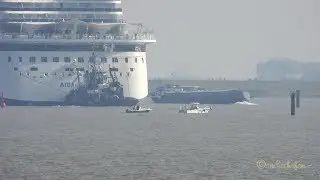 GMS Ari&euml;la PE6826 MMSI 244056826 meets cruiseliner AIDAnova Emden riverbarge Binnenschiff