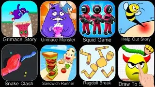 Grimace Story-Grimace Monster-Squid Game-Snake Clash-Sandwich Runner-Ragdoll Break-Help Out Story