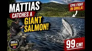 Mattias catches a big atlantic salmon in Orkla Norway