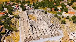 Dolly zoom. Didim, Turkey. Stone steps and entrance to Apollo Temple at Didyma with general view ...