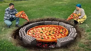 We baked a giant homemade pizza underground using fire and tools&mdash;crazy but delicious! 🍕🔥