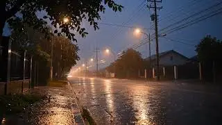 Heavy Rainfall in Deep Darkness on an Empty Road Creating a Calm Cinematic Atmosphere