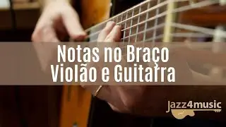 Notas musicais no braço da guitarra e violão.