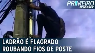 Ladrão é flagrado roubando fios de cobre em poste | Primeiro Impacto (16/12/21)