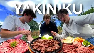 Cooking Japanese-style Yakiniku on a charcoal grill