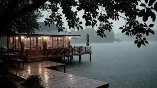 Heavy Rainstorm at Forest Lake Wooden Cabin | Night Rain Sounds for Deep Sleep and Calm Ambience