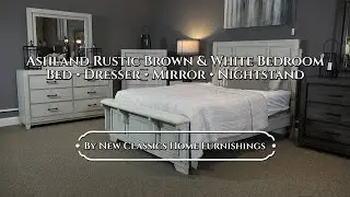New Classic Home Furnishings Ashland Rustic Brown and White Queen Panel Bed, Dresser, Mirror, & NS 1