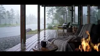 Gentle Afternoon Rain at a Riverside Forest Cabin with a Crackling Fireplace