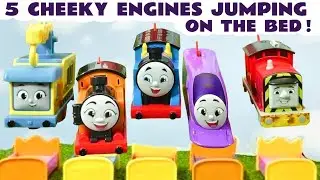 5 Cheeky Toy Train Engines Jumping On The Bed with All Engines Go Trains